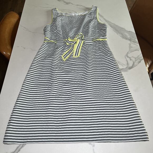 Ann Taylor Loft Dress Womens 10 Gray White Stripe Bow Tie Fit & Flare Sleeveless - Picture 1 of 14